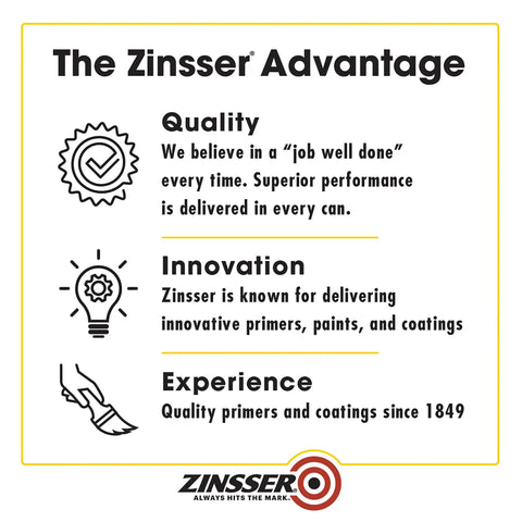 Zinsser advantage featuring quality, innovation, experience in primers including Odor Killing Interior Primer White Quart For Pet Urine Tobacco Smoke And Food Odors Elimination On Walls Subfloors Wood Floors Cabinets Plaster Drywall Metal Masonry PVC And More Odor Eliminator For All Painted Or Unpainted Surfaces.