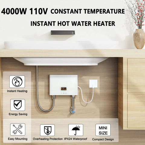 5500W Mini Electric Tankless Water Heater With Remote And Digital Display in kitchen setup, showing installation and features.