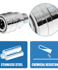 1/4-inch stainless steel pressure washer adapter with quick-connect socket to 1/4-inch male NPT, close-up view