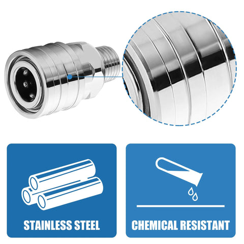 1/4-inch stainless steel pressure washer adapter with quick-connect socket to 1/4-inch male NPT, close-up view