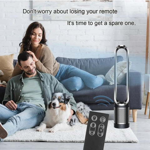 Replacement Remote For AM11 And TP00 TP01 Fans Magnetic, Plug And Play on table by fan, couple on sofa with dog