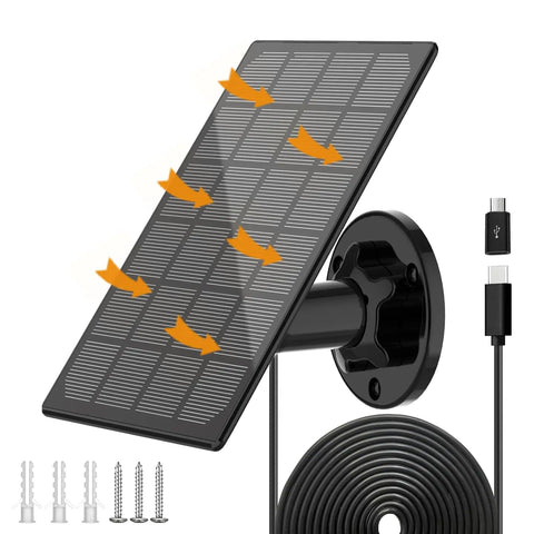 All Day Outdoor Camera Power From IP66 Waterproof Solar Panel with 10 ft cable, USB-C adapter, and adjustable bracket