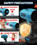 Safety precautions for Compact Dope Jet Dry Blower Turbofan For Makita 18V Battery, showing usage warnings on a black background.