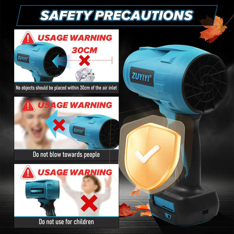 Safety precautions for Compact Dope Jet Dry Blower Turbofan For Makita 18V Battery, showing usage warnings on a black background.