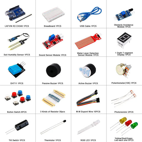 Beginner Arduino Starter Kit With R3 CH340 Board, 400 Point Breadboard, DHT11 Sensor, Soil Moisture Sensor, LEDs