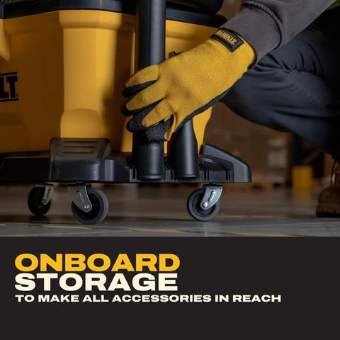 Kickass Cordless Wet Dry Shop Vacuum With Sick Suction And Six Gallon Tank For Jobsite Garage Cleanup showing onboard storage and accessories.