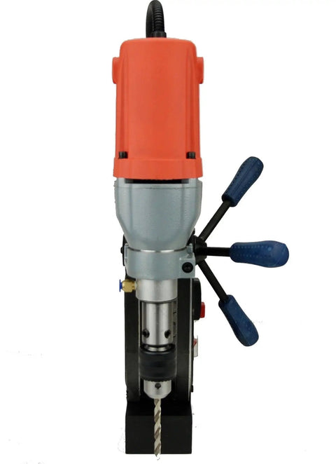 Real Deal Heavy Duty Magnetic Drill Press With Roto Broach Function For Steel Fabrication, close-up view of drill head with bit.