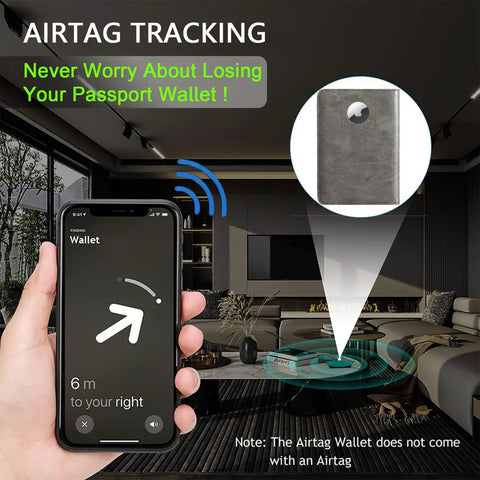 Phone showing location tracking on Airtag with grey Passport Holder Wallet With RFID Blocking Leather Card Case For Travel Essentials