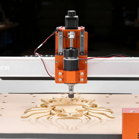 Close-up of CNC Router Machine With 100W Spindle For Wood Acrylic And More, 3-Axis Engraving Milling on a wood panel.