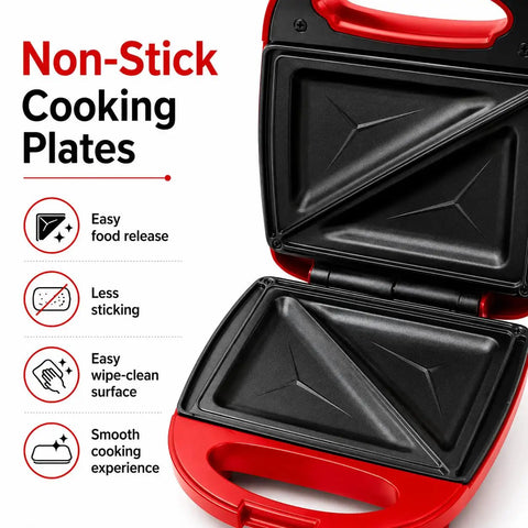 Sanzinaz 520W Electric Sandwich Maker Grill with Nonstick Plates showing non-stick cooking plates for easy food release.