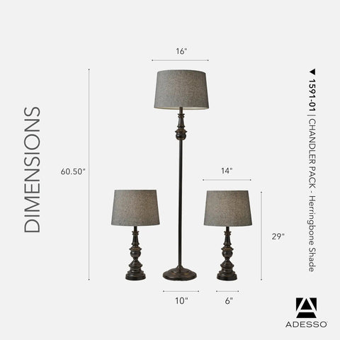 Three Piece Lamp Set With Bronze Finished Bases And Dark Herringbone Shades Includes Two Table Lamps And One Floor Lamp Perfect For Living Room Bedroom Or Office Create A Cohesive Modern Lighting Vibe