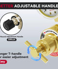 Close-up of oxygen regulator emphasizing easier adjustable T-handle, labeled Better Adjustable Handle, includes round and T-handle comparison