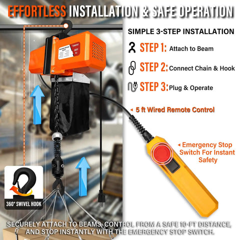 Heavy Duty 1100 Lbs Electric Chain Hoist With 120V Winch And 5ft Wired Remote Lift To 10 Feet For Garage Overhead Crane Pulley Mount With Emergency Stop Switch installed on beam with remote control and 360-degree swivel hook visible