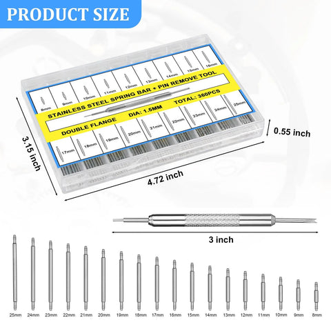 Front view of Amazon watch band pins and spring bar tool set, 360pcs, 1.5mm dia, sizes 8–25mm, stainless steel.