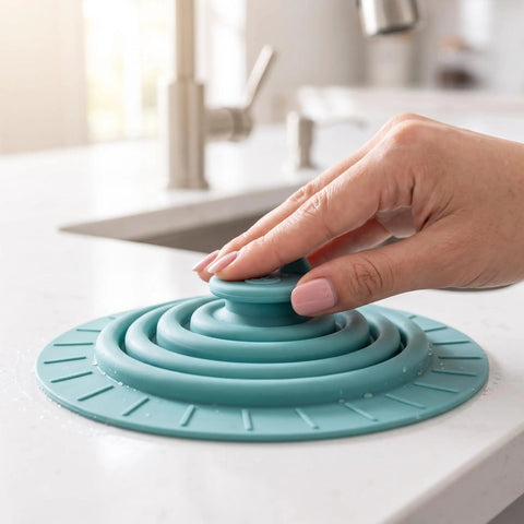 Bekecidi Bathtub Drain Cover, 6-Inch Silicone Tub Stopper, 3 Pack on kitchen countertop with a hand pressing down.