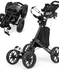 Link Ready Four Wheel Golf Push Cart All Terrain Walking Caddy With Beast Mode Slope Stability, compact folding design.