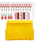 Lockout Tagout Station Kit With Padlocks, Keys, Hasps, Hangtags And Visual Management Board, Secure Cover For Industrial Safety On The Shop Floor, Perfect For Factory Equipment Maintenance And Compliance, yellow wall-mounted kit