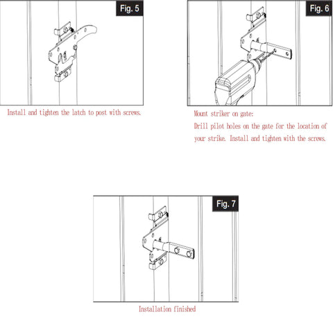 Self-Locking Gate Latch installation diagram showing post mount, fasteners, and right or left hand setup on wood fences.