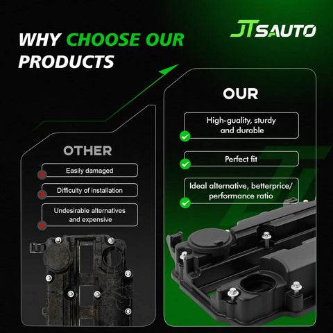 Comparison chart of JT Auto Chevy Engine Valve Cover Kit With Gaskets Bolts And Oil Filler Cap for 2011-2020 models, highlighting features.