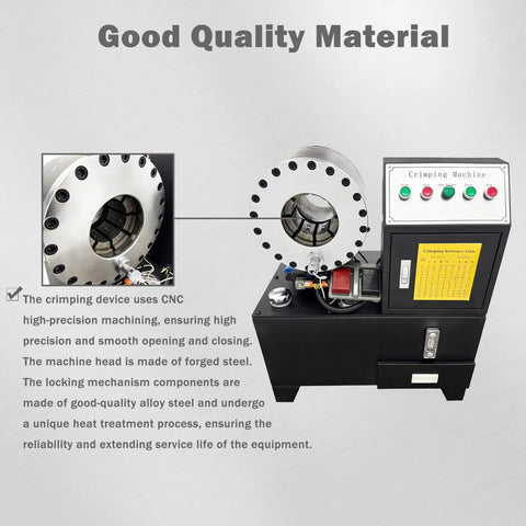 Heavy Duty Electric Hose Crimper showcasing steel machine head and precise control panel for 6mm to 50mm tubing.