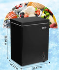 Dead Silent 3.5 Cubic Foot Mini Chest Freezer Compact Top Loading Deep Freeze Storage Black with dimensions and food background.