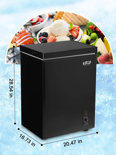 Dead Silent 3.5 Cubic Foot Mini Chest Freezer Compact Top Loading Deep Freeze Storage Black with dimensions and food background.