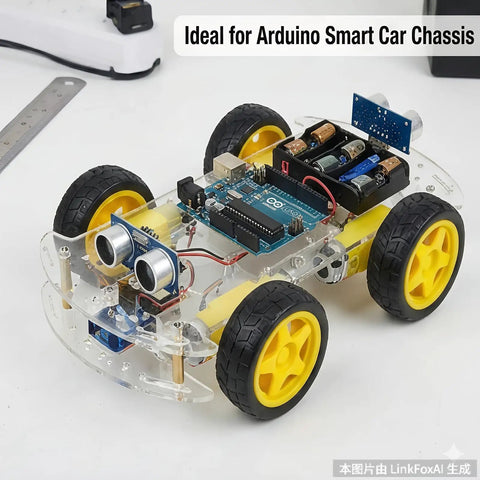 Arduino smart car chassis with 65mm rubber tires and 4-pack DC 3 to 6 volt dual shaft gear motor and wheel kit for DIY STEM robotics
