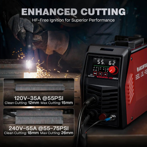Non HF Blowback Pilot Arc Plasma Cutter 55 Amp With App Control 120V 240V Upgraded LED Display in use cutting metal