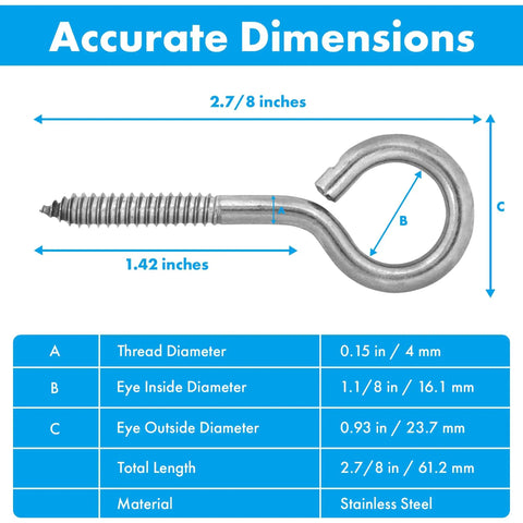 Image showing dimensions of Beefy Stainless Steel Screw Eyes Set Of Three Heavy Duty Eye Bolts Three Eighths By Four And Seven Eighths Inches