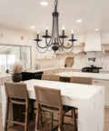 Kitchen view with Dope Five Light Farmhouse Chandelier Black Candle Style Ceiling Light Fixture Over Island