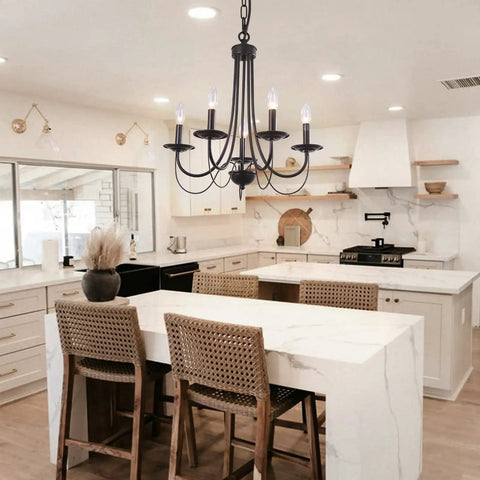 Kitchen view with Dope Five Light Farmhouse Chandelier Black Candle Style Ceiling Light Fixture Over Island