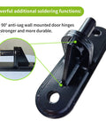 Two-pack black steel wall-mount gate hinges with mounting plate and pin, angled side view.