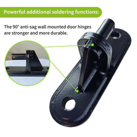 Two-pack black steel wall-mount gate hinges with mounting plate and pin, angled side view.