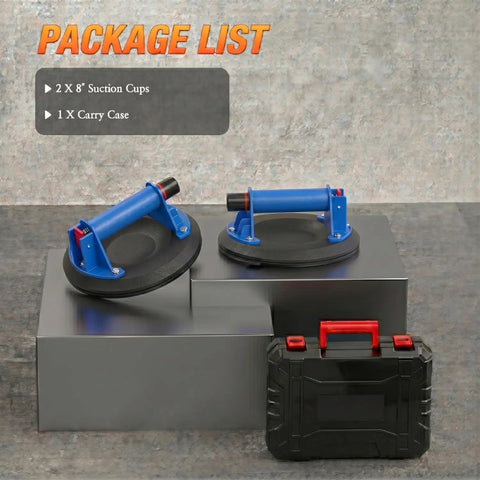 Heavy Duty 8 Inch Vacuum Suction Cups For Glass And Tile, 2 Pack Industrial Lifting Tool displayed with carry case.