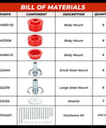 Bill of materials for Ford F Series Super Duty Polyurethane Cab Mount Kit With Steel Sleeves And Hardware, Red, 2008-2016