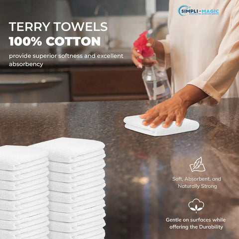 Person using 60 Pack Cotton Terry Towels 14 By 17 Inches Highly Absorbent Cleaning Rags For Kitchen Bar And Restaurant Use Durable White Commercial Grade Ideal For Dishwashing Mopping And General Commercial Cleaning on a countertop.