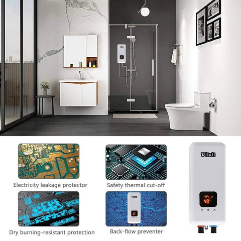 240V 5.5KW 4.5KW 3.5KW On-Demand Tankless Electric Water Heater with Three Power Levels in modern bathroom setup