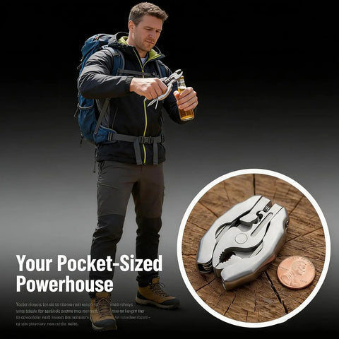Man using 9 In 1 Keychain Multitool Pliers With Wire Cutter And Bottle Opener, Heavy Duty Stainless Steel EDC Tool for Camping