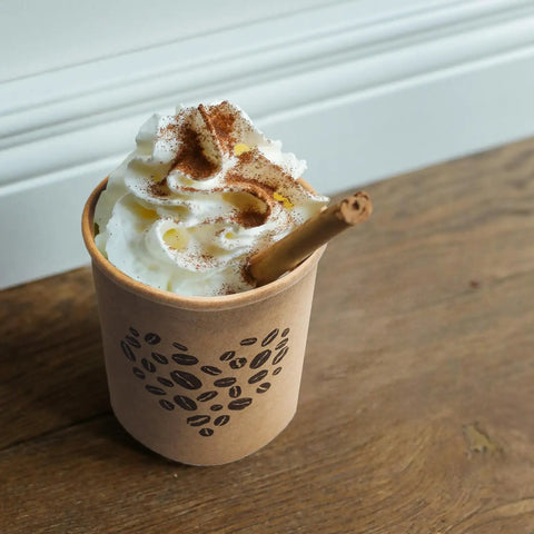 4 Oz Espresso Cups 100 Pack Kraft Disposable Paper Cups For Home Office Or Party Easy To Use Espresso Shot Cups For Samples And Small Hot Drinks Ideal For Home Kitchen And Office Coffee Bars And Party Catering with cinnamon stick on wooden table.