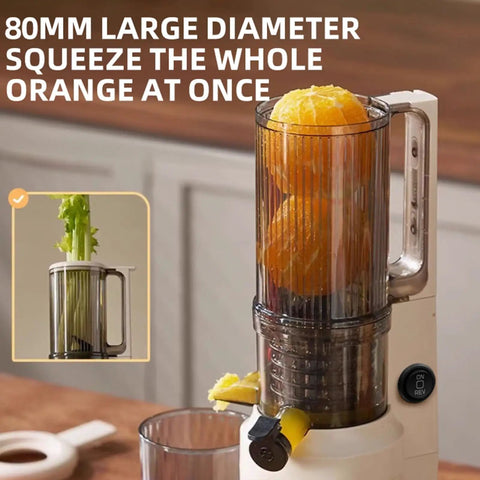 Aynefy 200W Cold Press Juicer With Wide Feed Chute For Whole Fruits, showcasing large chute with whole oranges and celery.