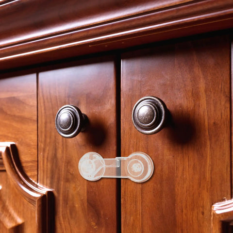 Easy Install Kid Safe Cabinet Locks For Drawers And Fridges, 10 Pack ABS Adhesive Safety Latches on wooden cabinet doors