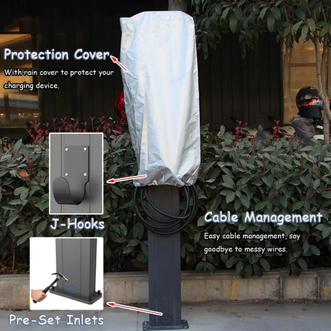 Heavy Duty Outdoor EV Charger Stand With J Hook Pedestal For Floor Or Ceiling Setup Galvanized Steel Column Holder with protection cover.