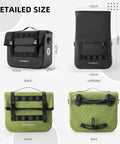 15L Capacity Waterproof Rear Bike Panniers Rack Bag in black and green, detailed size with unfolded view for cycling and commuting