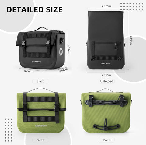 15L Capacity Waterproof Rear Bike Panniers Rack Bag in black and green, detailed size with unfolded view for cycling and commuting