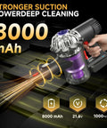 Hand holding Dyson V6 cordless vacuum with Long Lasting 8000mAh 21.6V Li Ion Battery Replacement showing strong suction power