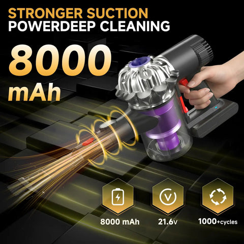 Hand holding Dyson V6 cordless vacuum with Long Lasting 8000mAh 21.6V Li Ion Battery Replacement showing strong suction power