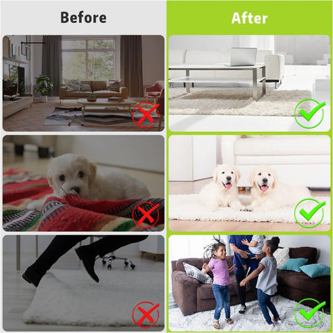 Comparison of rug placement before and after using No Slip Rug Grippers 12 Pack Carpet Stickers For Area Rugs.