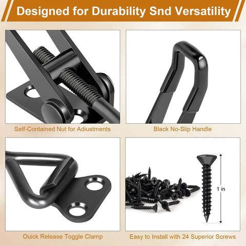 Close-up of Six Pack Adjustable Toggle Latch Clamp With Quick Release Upgraded 330 Lb Holding Capacity Black Metal Pull Latches components.
