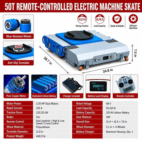 Built Tough Heavy Duty 50 Ton Electric Machinery Skates With Remote Control Steel frame and anti-slip turntable for heavy loads.