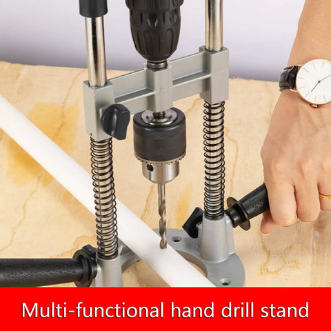 Versatile Drill Press Attachment For Vertical And Angled Boring With Rubberized Base Protection on wood surface